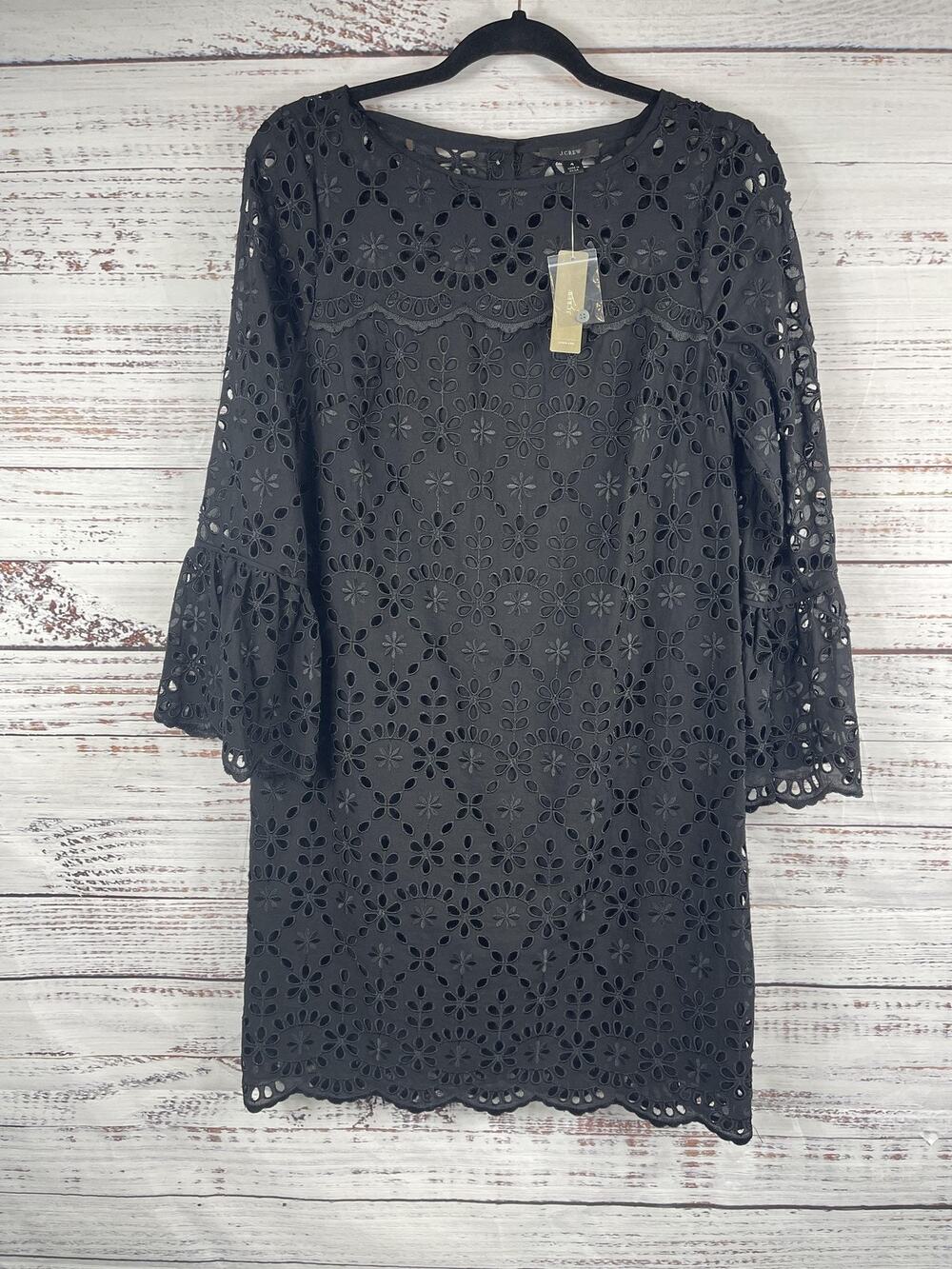 J Crew Dress Women's SZ 4 Black Floral Eyelet Lace Bell Sleeve Shift Knee Length